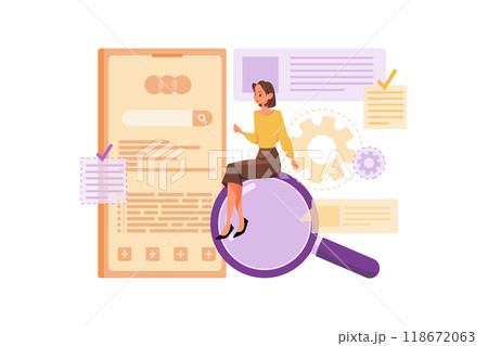 Woman in search with a magnifying glass Woman in search with a magnifying glass 118672063