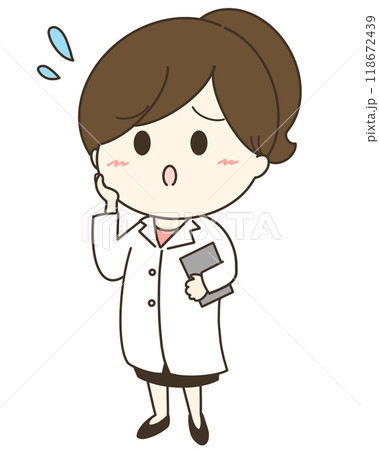 白衣を着ている女性が困っているゆるかわイラスト 白衣を着ている女性が困っているゆるかわイラスト 118672439