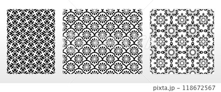 Geometric floral set of seamless patterns. White and black vector backgrounds. Damask graphic ornaments. Geometric floral set of seamless patterns. White and black vector backgrounds. Damask graphic ornaments. 118672567