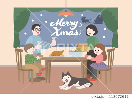 家族でクリスマスディナーを囲む団らんの様子のベクターイラストバナー 118672611