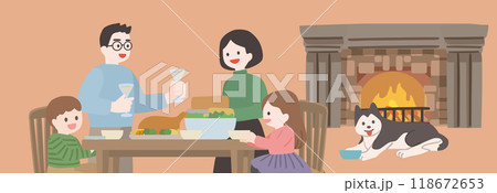 家族でクリスマスディナーを囲む団らんの様子のベクターイラストバナー 118672653