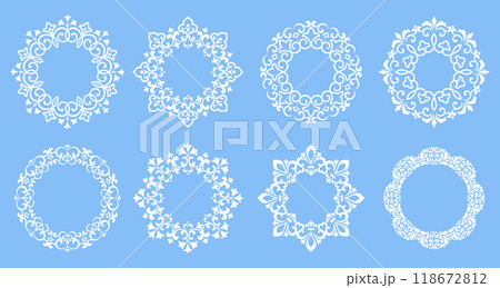 Set of decorative frames Elegant vector element for design in Eastern style, place for text. Floral blue and white borders. Lace illustration for invitations and greeting cards 118672812