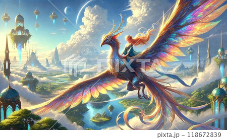 巨大な翼の鳥に乗って浮遊都市を飛ぶ女性 巨大な翼の鳥に乗って浮遊都市を飛ぶ女性 118672839