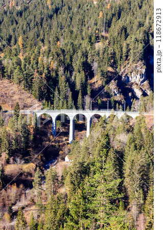 View of Landwasser Viaduct, Rhaetian railway, Graubunden in Switzerland 118672913