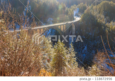 View of Wiesen Viaduct, Rhaetian railway, Graubunden in Switzerland at winter 118672956