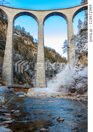 View of Landwasser Viaduct, Rhaetian railway, Graubunden in Switzerland at winter 118672964