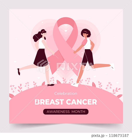 Two women celebrating breast cancer awareness month. Vector illustrations. Two women celebrating breast cancer awareness month. Vector illustrations. 118673187