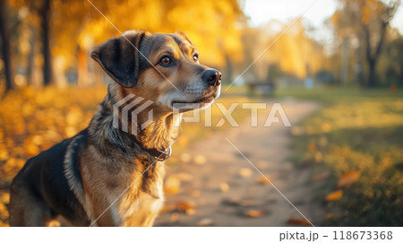 Dog in Autumn Park 118673368