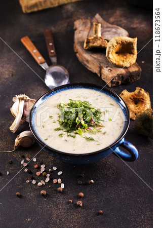 cream soup with dry mushrooms in bowl cream soup with dry mushrooms in bowl 118673564