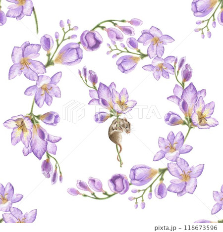 Seamless pattern of delicate purple freesia flowers and mice. Vintage fairytale style. For creating fabric, wallpaper, tablecloths and napkins. For decorating a children's room and a girl's room. Seamless pattern of delicate purple freesia flowers and mice. Vintage fairytale style. For creating fabric, wallpaper, tablecloths and napkins. For decorating a children's room and a girl's room. 118673596