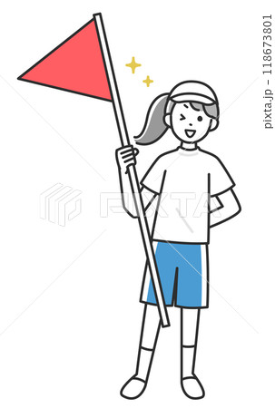 運動会でゴールの旗を持った子供のイラスト 運動会でゴールの旗を持った子供のイラスト 118673801
