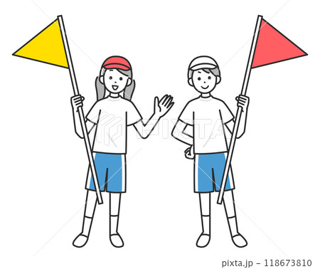 運動会でゴールの旗を持った子供達のイラスト 運動会でゴールの旗を持った子供達のイラスト 118673810