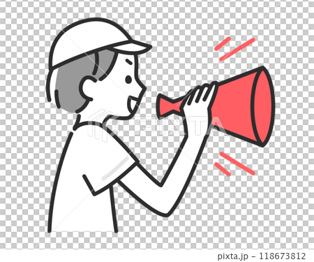 Illustration of a boy in gym clothes cheering with a megaphone Illustration of a boy in gym clothes cheering with a megaphone 118673812