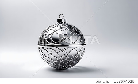Silver metallic Christmas ornament with intricate pattern on a plain white background. Christmas decoration and holiday concept for cards and invitations 118674029