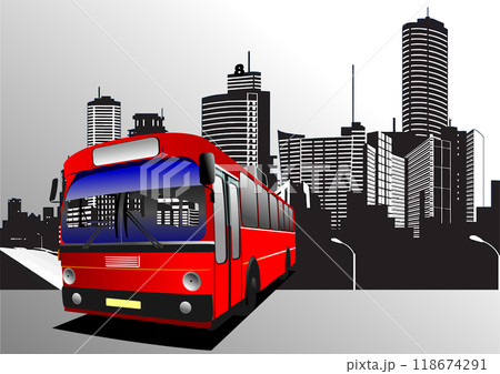 City bus on the road. Coach. Vector 3d hand drawn illustration City bus on the road. Coach. Vector 3d hand drawn illustration 118674291