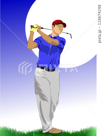 Golf club background with golfer man image. Vector 3d hand drawn illustration Golf club background with golfer man image. Vector 3d hand drawn illustration 118674298