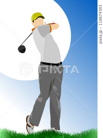 Golf club background with golfer man image. Vector 3d hand drawn illustration Golf club background with golfer man image. Vector 3d hand drawn illustration 118674303