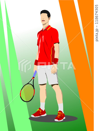 Tennis player poster. Colored Vector 3d illustration for designers. Hand drawn illustration Tennis player poster. Colored Vector 3d illustration for designers. Hand drawn illustration 118674305