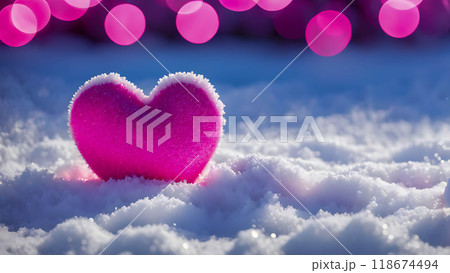 Pink heart covered in frost resting on snow with blurred pink bokeh lights in the background with copy space. Winter holiday and love concept. Design for greeting card or poster 118674494