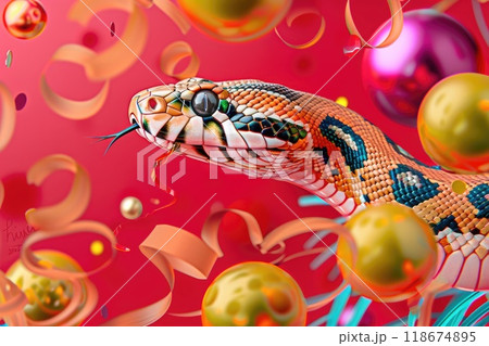Ai generated Snake a symbol of 2025 year with Christmas tree toy ball in a red background. 118674895