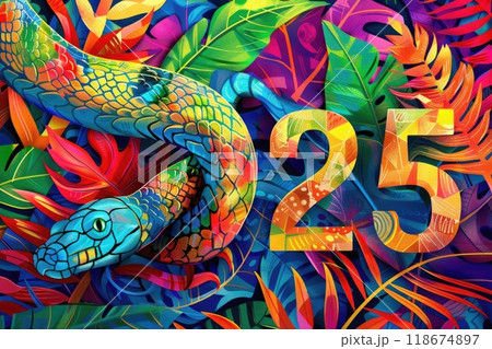 Ai generated Colorful Snake a symbol of 2025 year with palm leaves on festive background. 118674897