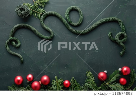 Ai generated Snake a symbol of 2025 year with Christmas tree toy ball in green background 118674898