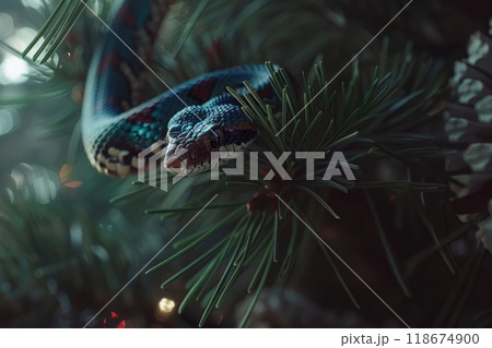 Ai generated Snake symbol of 2025 year with Christmas tree fir branches 118674900