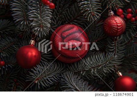 Ai generated red Snake in a Christmas tree toy balls on a fir tree branch background. 118674901