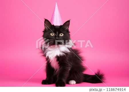 Ai generated Cute adorable black birthday cat in party hat sitting on background 118674914