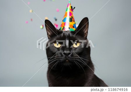 Ai generated Cute adorable black birthday cat in party hat sitting on background 118674916