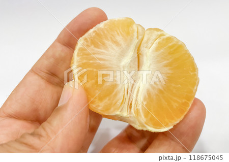 Freshly Peeled Tangerine.A close-up shot of a hand gently holding a half-peeled tangerine against a white background. 118675045