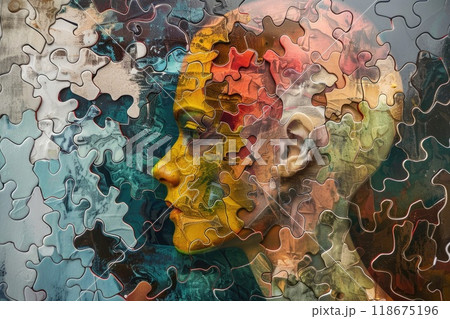 Ai generated Human head model with losing puzzle pieces as brain damage or loss memory  118675196