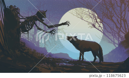 Wolf Encountering Ghost in Spooky Cemetery at Night 118675623