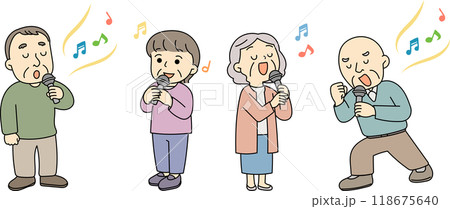 マイクを持って歌うシニアのセット マイクを持って歌うシニアのセット 118675640