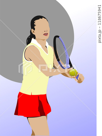 Tennis player poster. Colored Vector 3d illustration for designers. Hand drawn illustration Tennis player poster. Colored Vector 3d illustration for designers. Hand drawn illustration 118675941