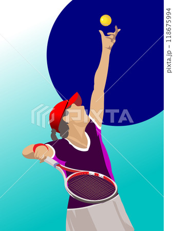 Tennis player poster. Colored Vector 3d illustration for designers. Hand drawn illustration 118675994