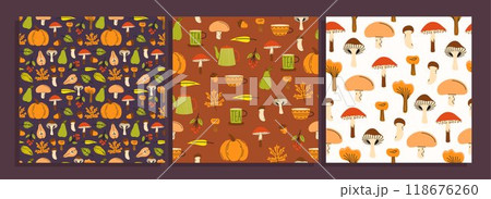 Set of seamless patterns for fall season. Autumn cozy set with pumpkin, leaves and mushrooms. Vector illustration. 118676260