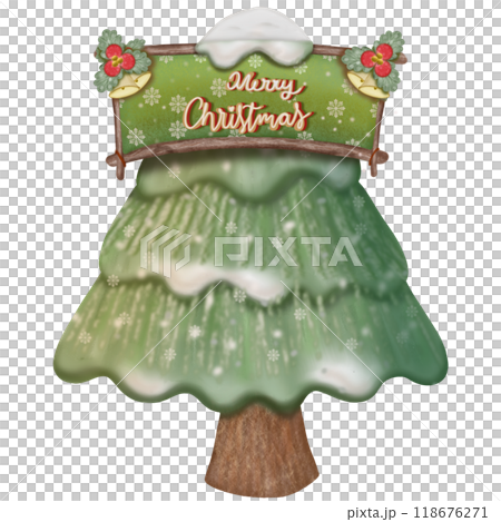 Christmas tree hand drawn illustration for  decoration. Winter pre made card with lettering. 118676271