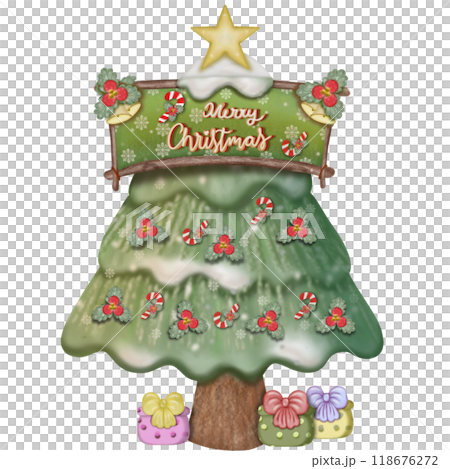 Christmas tree hand drawn illustration for decoration. Winter pre made card with lettering. Christmas tree hand drawn illustration for decoration. Winter pre made card with lettering. 118676272