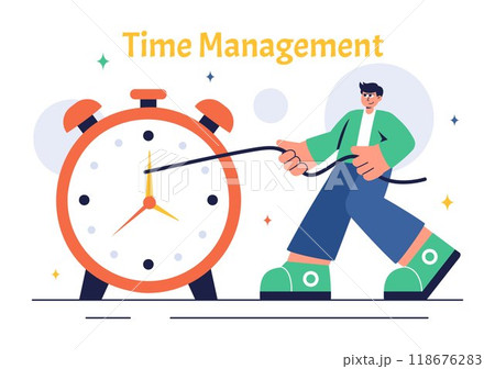Vector Illustration of Time Management with Clock Settings, Task Planning, Training Activities, and Scheduling in a Flat Cartoon Style Background Vector Illustration of Time Management with Clock Settings, Task Planning, Training Activities, and Scheduling in a Flat Cartoon Style Background 118676283