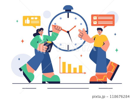 Vector Illustration of Time Management with Clock Settings, Task Planning, Training Activities, and Scheduling in a Flat Cartoon Style Background Vector Illustration of Time Management with Clock Settings, Task Planning, Training Activities, and Scheduling in a Flat Cartoon Style Background 118676284