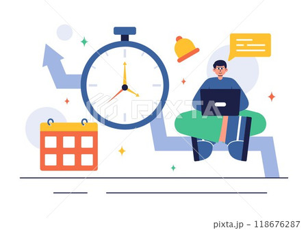 Vector Illustration of Time Management with Clock Settings, Task Planning, Training Activities, and Scheduling in a Flat Cartoon Style Background 118676287