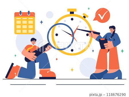 Vector Illustration of Time Management with Clock Settings, Task Planning, Training Activities, and Scheduling in a Flat Cartoon Style Background 118676290