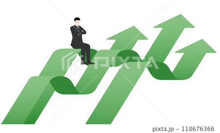 A successful leader visionary businessman sitting confidently on a green arrow rising. Concepts of money, investment, wealth, financial growth, and strategic business decisions in competitive economy 118676366