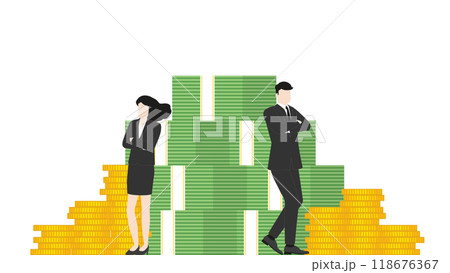 Businessman and businesswoman stand confidently at a stack of banknotes and coins. Concepts of Sales goal, wealth creation, financial leadership, and power of teamwork in achieving economic success Businessman and businesswoman stand confidently at a stack of banknotes and coins. Concepts of Sales goal, wealth creation, financial leadership, and power of teamwork in achieving economic success 118676367