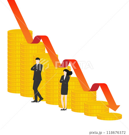 Businessman and businesswoman stand confident at a stack up of coins and red graph down. Money, Sales, goal, wealth creation, financial leadership, and power of teamwork in achieving economic success Businessman and businesswoman stand confident at a stack up of coins and red graph down. Money, Sales, goal, wealth creation, financial leadership, and power of teamwork in achieving economic success 118676372
