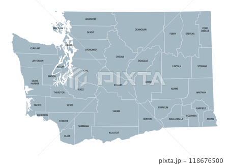 Washington, U.S. state subdivided into 39 counties, gray political map with borders and county names. Westernmost state in the Pacific Northwest region of the United States, nicknamed Evergreen State. 118676500