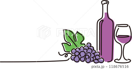 ワイン　赤ワイン　ぶどう　線画　手描き　シンプル　イラスト 118676516