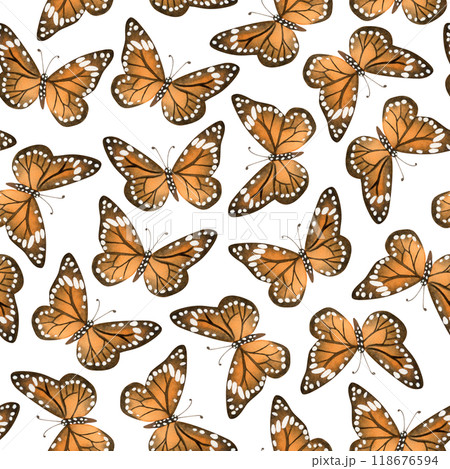 Monarch butterflies in orange brown and black colors watercolor seamless pattern on white background. Fall flying insects migrating before autumn clipart Monarch butterflies in orange brown and black colors watercolor seamless pattern on white background. Fall flying insects migrating before autumn clipart 118676594
