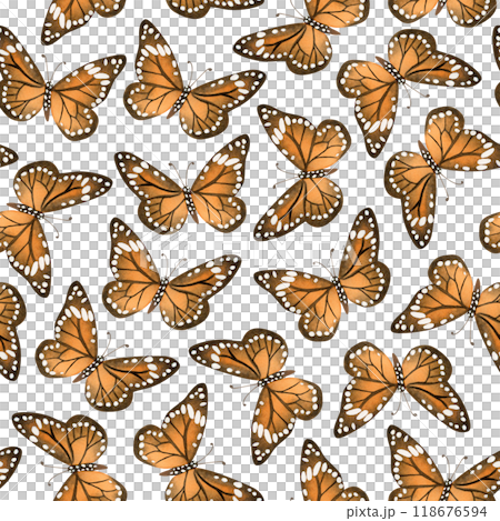 Monarch butterflies in orange brown and black colors watercolor seamless pattern on white background. Fall flying insects migrating before autumn clipart 118676594